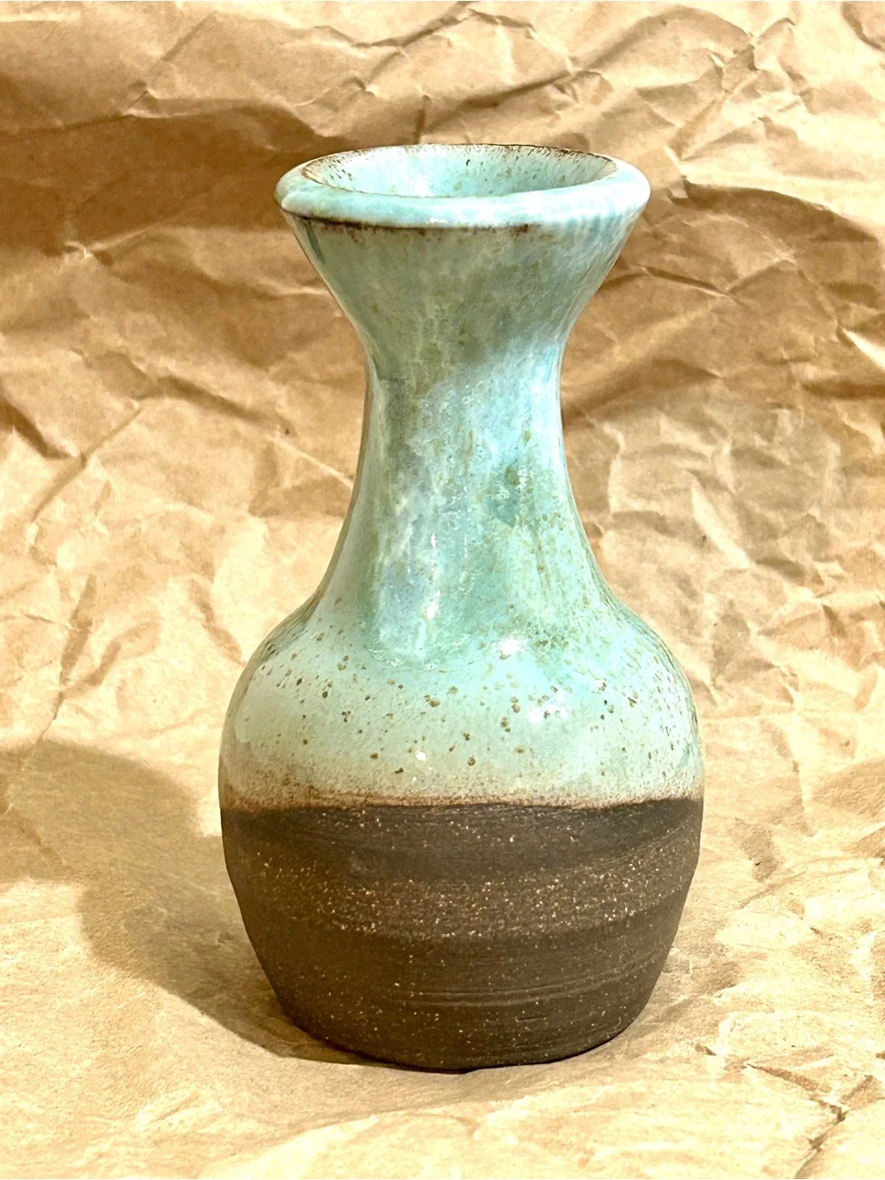 Signed Studio Art Pottery Bud Vase Turquoise 2Tone Speckled Glaze Stoneware 4.5”